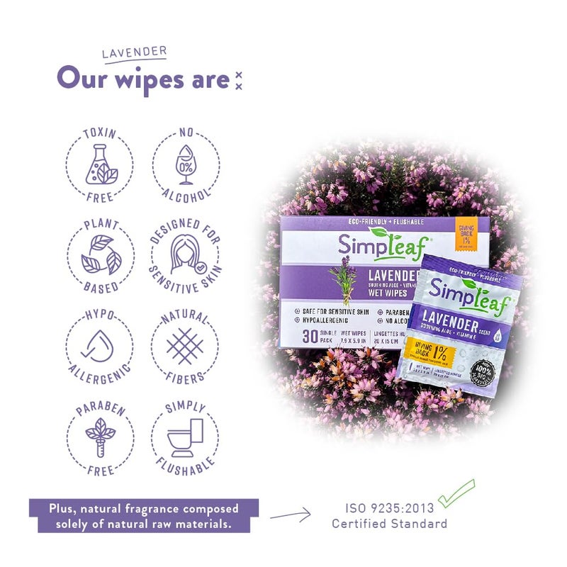 Simpleaf Flushable Lavender Single Pack Wet Wipes | Eco-Friendly Paraben & Alcohol Free | Hypoallergenic & Safe for Sensitive Skin | Soothing Aloe Vera Formula | (30 Single Pack Wipes) - Image 4